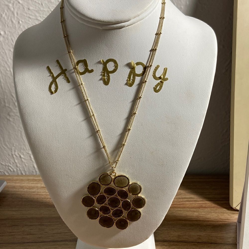 Anthropology Necklace double layered chain gold color light brown crystals